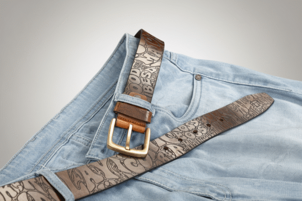 Good Vibes Retro Typography Leather Belt showing laser-engraved positive phrases on oil pull-up leather