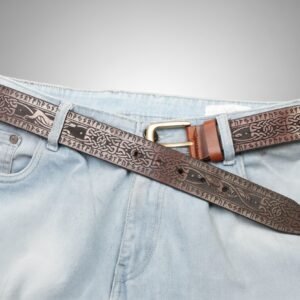 Celtic Zoomorphic Leather Belt featuring laser-engraved hound, owl, and human knotwork designs, bordered by Fehu, Uruz, Ansuz, Jera, Sowilo, Othala, and Algiz runes on premium oil pull-up leather, symbolizing protection, prosperity, and interconnectedness