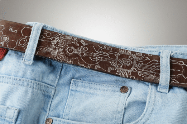 Futuristic AI Circuitry Leather Belt with laser-engraved digital icons, circuitry patterns, and AI-themed symbols on premium oil pull-up leather