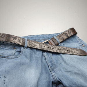 Oni & Ronin Leather Belt featuring laser-engraved Japanese samurai motifs, Oni demon face, koi fish, Oda Nobunaga family crest, Mount Fuji, Japanese crane, waves, clouds, and Kanji characters 鬼 (Demon) and 浪人 (Ronin) on premium oil pull-up leather