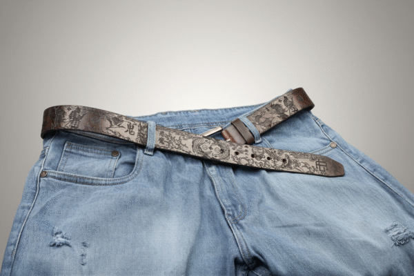 Oni & Ronin Leather Belt featuring laser-engraved Japanese samurai motifs, Oni demon face, koi fish, Oda Nobunaga family crest, Mount Fuji, Japanese crane, waves, clouds, and Kanji characters 鬼 (Demon) and 浪人 (Ronin) on premium oil pull-up leather