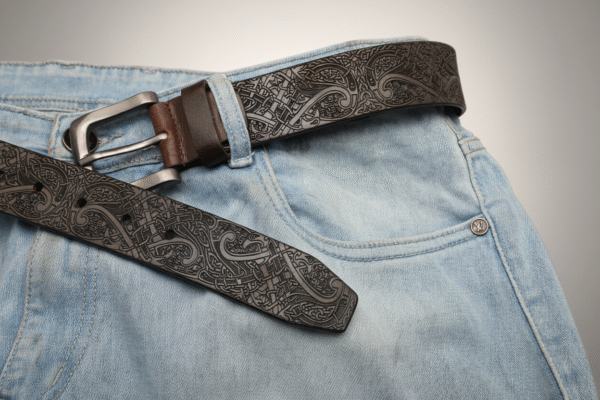 Eternal Weave Celtic Knot Leather Belt laser-engraved on full-grain oil pull-up leather, featuring intricate, continuous interlace design symbolizing eternity, protection, and interconnectedness