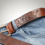 Mahakala & Yamantaka Leather Belt featuring laser-engraved line art of Tibetan Buddhist wrathful deities Mahakala and Yamantaka, crown of five skulls, multi-limbed forms, and sacred Vajrayana symbols on premium oil pull-up leather, symbolizing protection, transformation, and spiritual strength