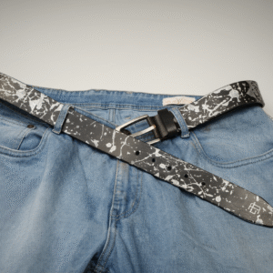 The Abstract Series Pearl Metallic Leather Belt featuring laser-etched abstract patterns hand-painted with shimmering silver-pearl pigment on premium dark leather, finished with a special alloy buckle